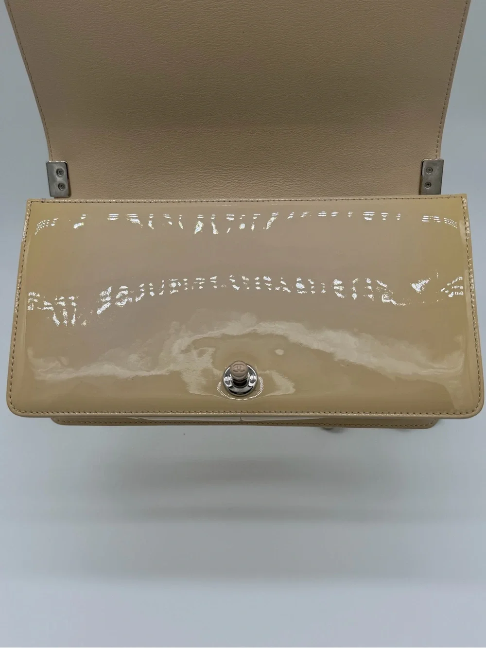 CHANEL Medium Boy Bag Beige Patent Quilted Shoulder Bag with Silver Chain
